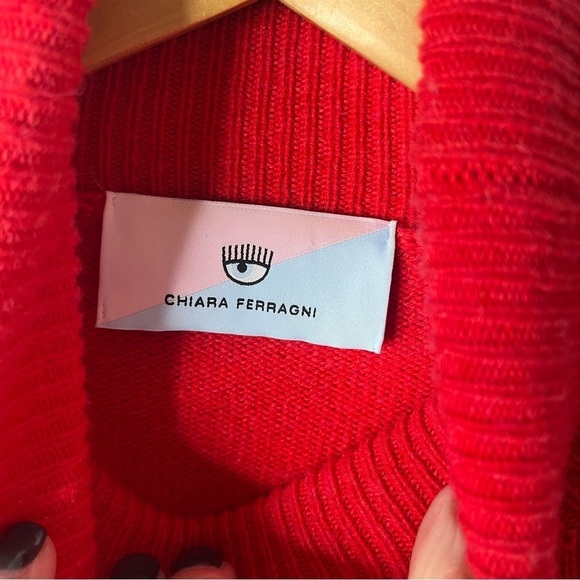 Chiara Ferragni Logomania Turtleneck Sweater Red Size Medium Cropped Wool Blend - Picture 5 of 7